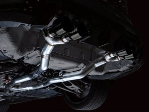 BMW M4 Performance Exhaust - AWE Tuning - Track Edition Cat-Back with quad 4.5-inch double-walled slash-cut tips; dual 3-inch configuration with X-pipe; valve simulators included - Diamond Black - `21-`27